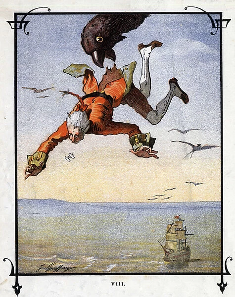 Lemuel Gulliver is carried away by an eagle. Illustration for 'Gulliver