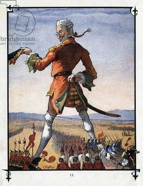 Lemuel Gulliver commands the army of the Lilliputians. Illustration for '