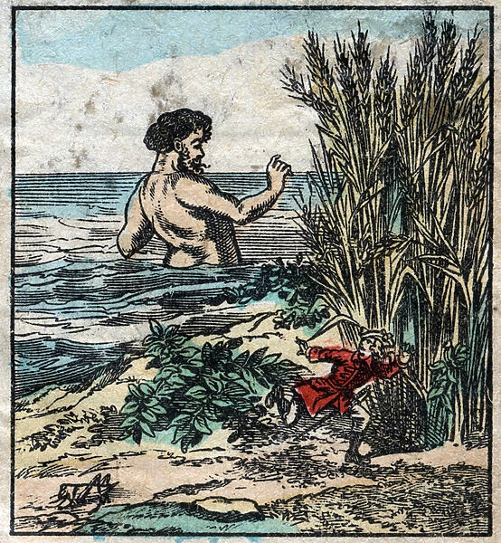 Lemuel Gulliver hides from a giant in Brobdingnag. Illustration for '