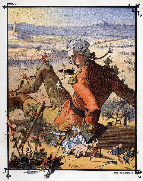 Lemuel Gulliver is tied up by the Lilluputians. Illustration for '