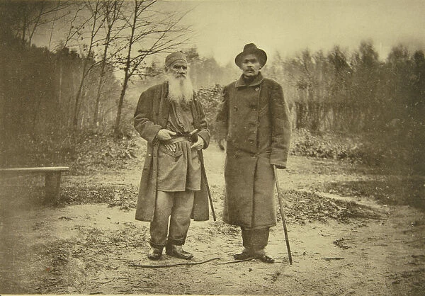 Leo Tolstoy and the author Maxim Gorky (b  /  w photo)