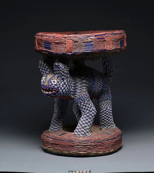 Leopard Caryatid Stool, possibly 1800s (wood, cotton, fabric and glass beads)