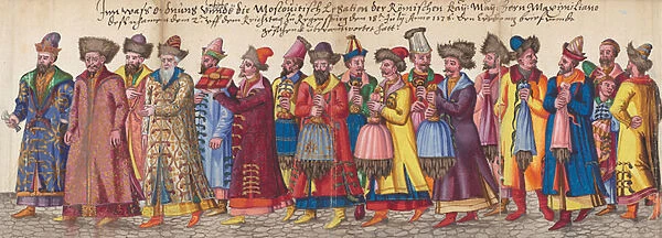 Les ambassadeurs moscovites a la diete d Empire a Ratisbonne, le 18 juillet 1576 - Muscovite ambassadors to the Imperial Diet in Regensburg, July 18, 1576. From 'Thesaurus picturarum', Anonymous