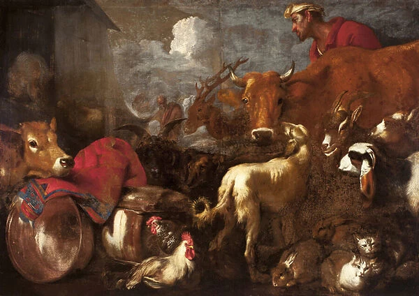 Les animaux embarquent dans l arche de Noe - The Animals Board Noahs Ark par Castiglione, Giovanni Benedetto (1610-1665). Oil on canvas, size : 170x238, 1650-1660, Musei di Strada Nuova, Genoa