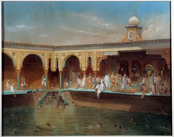 Les bains Deligny in Paris in 1842. Painting by Aime Bassompierre-Sewrin (1809-1896), 1842. Paris, Musee Carnavalet