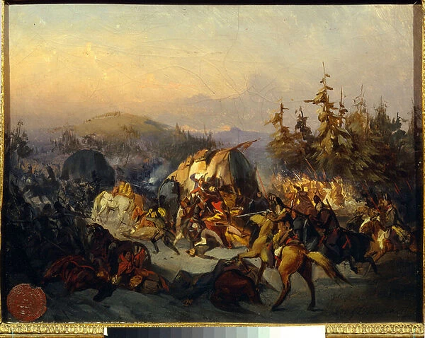 Les cosaques russes attaquent les troupes francaises en transit, episode de la bataille de la Moskova (Borodino) en 1812 - Peinture de Konstantin Nikolayevich Filippov (1830-1878), huile sur toile