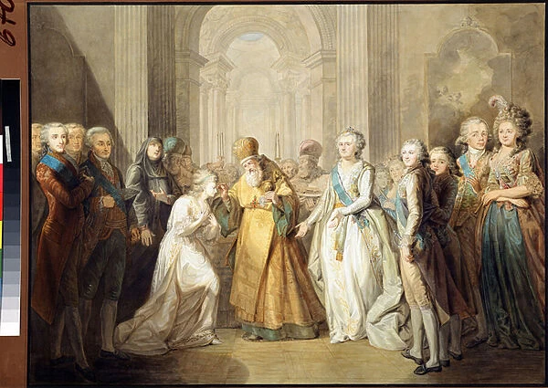Les fiancailles du grand duc Alexandre Pavlovich (puis tsar Alexandre Ier Pavlovitch Romanov (1777-1825) et de la princesse Louise Augusta de Bade (Baden) (puis imperatrice Elisabeth Alexeievna (Elizabeth Alexeievna)