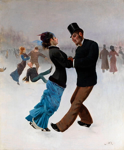 Les patineurs - Peinture de Max Klinger (1857-1920), vers 1920 - Ice Skaters - Oil on canvas by Max Klinger (1857-1920) c1920 66x54 cm Private Collection
