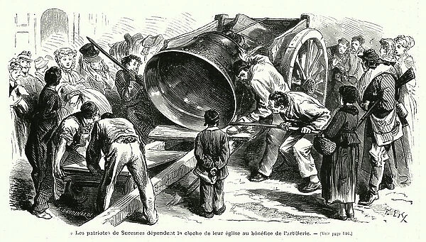 Les patriotes de Suresnes dependent la cloche de leur eglise au benefice de l'artillerie (engraving)