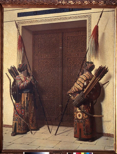 Les portes de Tamerlan (The Doors of Tamerlane) (Deux guerriers postes a la porte du palais de Timur Lang ou Timour le boiteux ou le grand, 1336-1405) - Peinture de Vasili Vasilyevich Vereschagin (Vereshchagin, Verechtchaguine) (1842-1904)