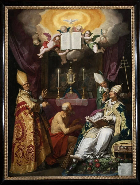 'Les quatre peres de l eglise'Representation de saint Ambroise de Milan, saint Augustin d Hippone, saint Gregoire le Grand et saint Jerome - Peinture d Abraham Bloemaert (1566-1651)