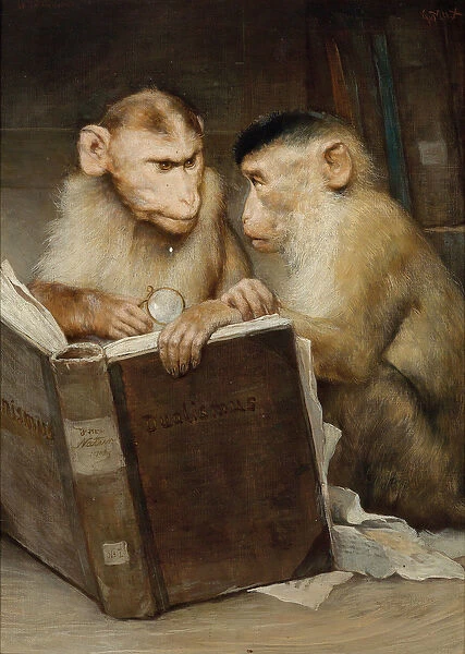 'Les savants'(The scholars) Deux singes tenant un livre ouvert