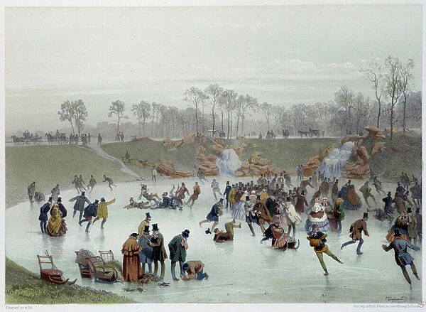 Les skaters au bois de Boulogne Lithograph by Eugene Guerard (1821-1866