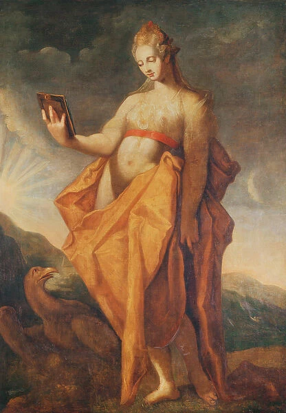 Leto, pregnant with the twins Artemis and Apollo, with the eagle of Zeus at her feet
