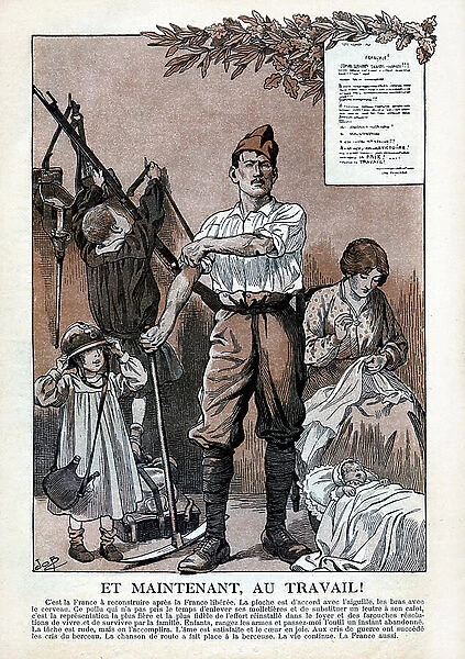 And now let's get to work! A hairy man is involved in the reconstruction of France, 1918 (illustration)