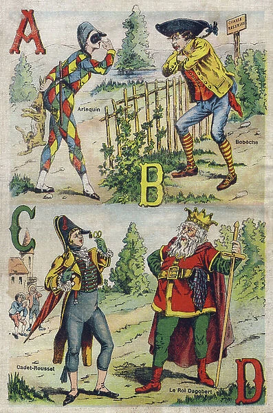 Letter A, B, C and D: Harlequin (Commedia dell'arte), Bobeche (Antoine Mandelot), Cadet Roussel (Guillaume Rousselle, 1743-1807) and Le Roi Dagobert (Dagobert I, ca. 602-638), beg 20th century (chromolithograph)