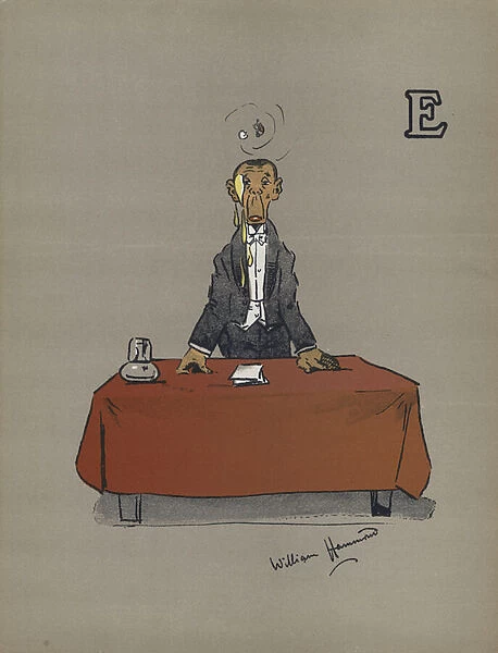 Letter E, Eminently Eloquent Electioneer Eliciting Extremely Exceptionable Egg (colour litho)