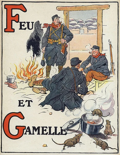 Letter F and G: fire and bowl. War alphabet. Illustrations by Henri Lanos (19th-20th century). Hachette et Cie publisher, ca. 1916. 8 pages. Dim: 31x23, 5 cm. Private Collection