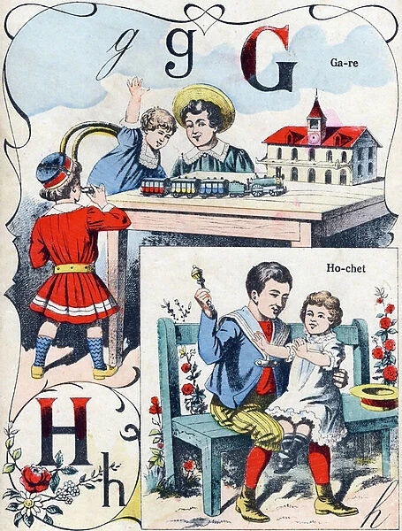 Letter G H: station and rattle. Engraving in 'ABC des joux pour petits boys'