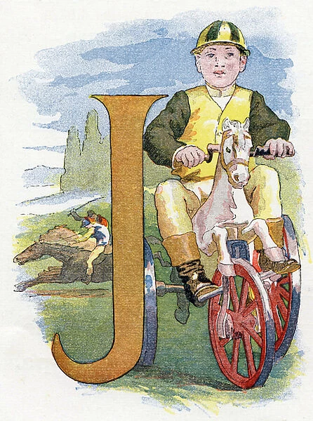 Letter J Jockey. Engraving in 'Album-Alphabet'. A. Quinn, Printer-Publisher, 1885. Illustrations by Baron Ernest de Liphart (1847-1934). 28 pages. Dim: 29x22, 5cm. Private Collection
