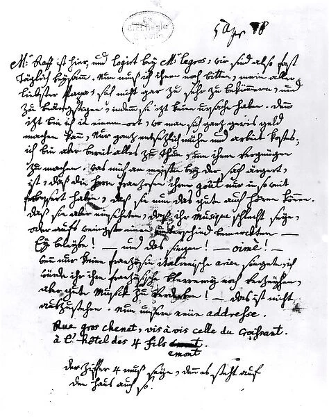 Letter from Mozart to his Father, 5th April 1778 (pen and ink on paper) (b  /  w photo)