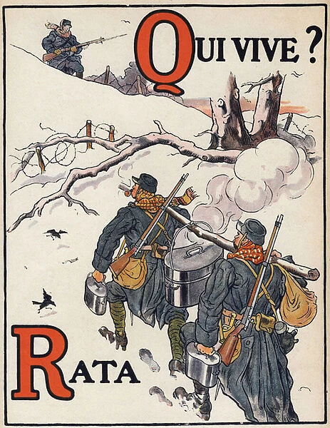 Letter Q & A: Who lives? Rata. Army soldiers bringing the soup to the camp. War alphabet. Illustrations by Henri Lanos (19th-20th century). Hachette et Cie publisher, ca. 1916. 8 pages. Dim: 31x23, 5 cm. Private Collection