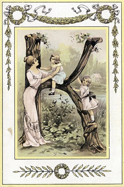 Letter representing a mother and her children playing, late 19th century