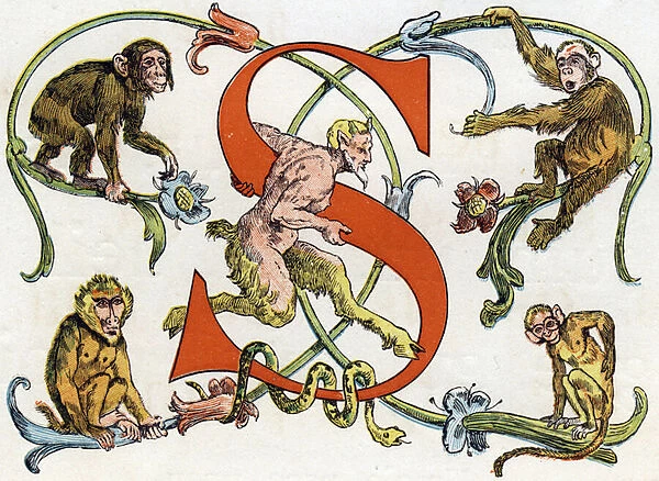 Letter S: Monkeys, Satyr, Serpent, 1875 (engraving)