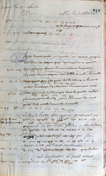 Letter written by Voltaire when working as a secret agent at the Hague to the French