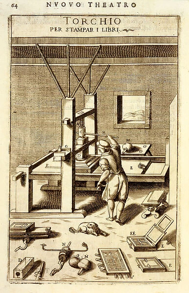 Letterpress for printing books, 1607 (engraving)