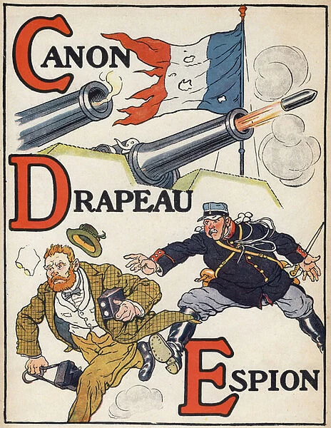 Letters C, D and E: Canon, flag and spy. War alphabet. Illustrations by Henri Lanos (19th-20th century). Hachette et Cie publisher, ca. 1916. 8 pages. Dim: 31x23, 5 cm. Private Collection