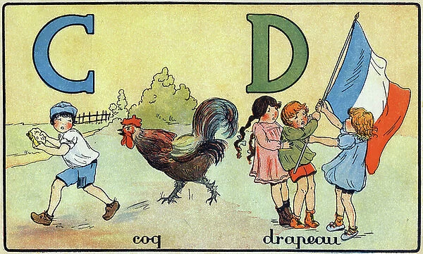 Letters C and D: rooster and flag, c.1920 (engraving)