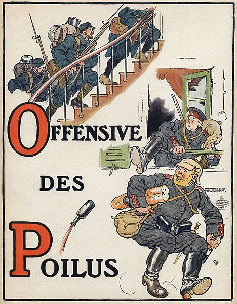 Letters O and P: hairy offensive. French soldiers entering a building in which the Germans stole food and escaped through the window. War alphabet. Illustrations by Henri Lanos (19th-20th century). Hachette et Cie publisher, ca. 1916. 8 pages