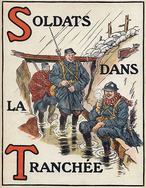 Letterss and T: French soldiers in the Trench filled with water (hairy). War alphabet. Illustrations by Henri Lanos (19th-20th century). Hachette et Cie publisher, ca. 1916. 8 pages. Dim: 31x23, 5 cm. Private Collection