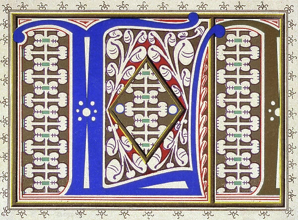 Lettrine: Capital letter L in medieval style. Chromolithography, 1903