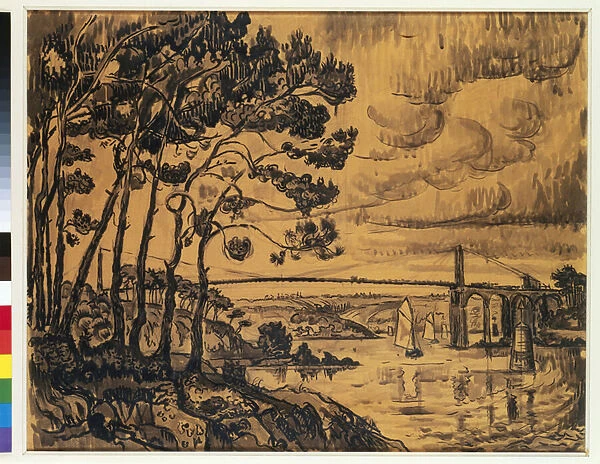 The Lezardrieux Bridge, 1922 (charcoal over black chalk on tan paper)