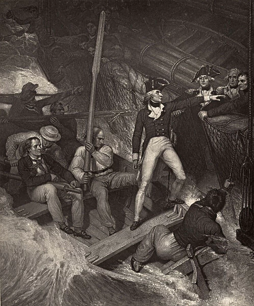 Lieutenant Nelson volunteering to board a prize in violent gale, illustration from The Life of Nelson by Robert Southey (1774-1843) first published 1813 (engraving)
