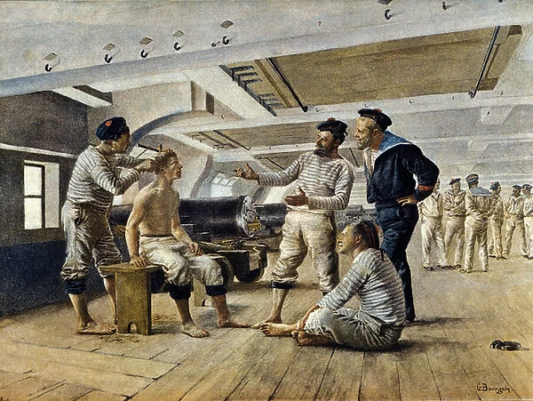 Life aboard a French warship: the ship barber shaves the sailors, c. 1800