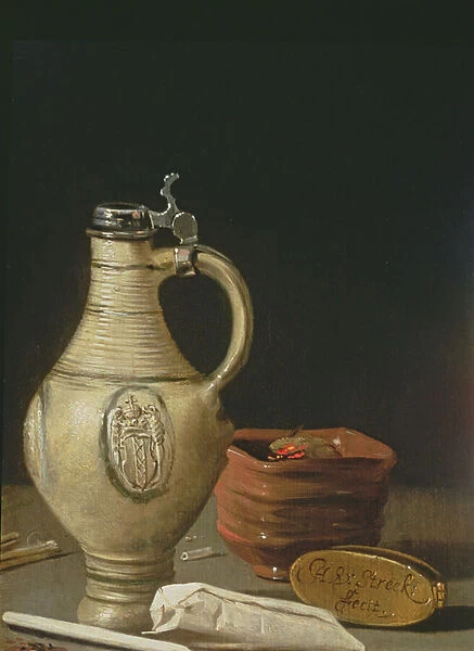 Still life with an Amsterdam earthenware ewer, bowl of charcoal and tobacco pouch