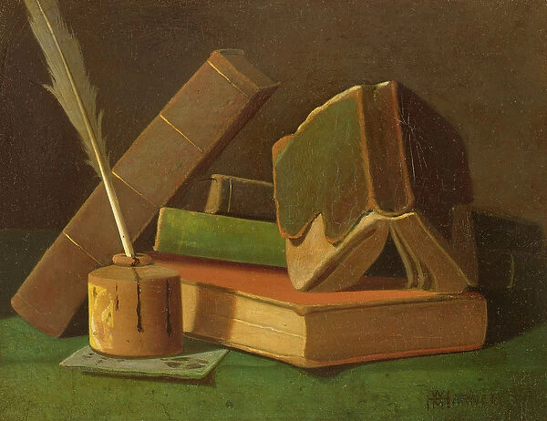 Still life with books and ink well (oil on canvas)