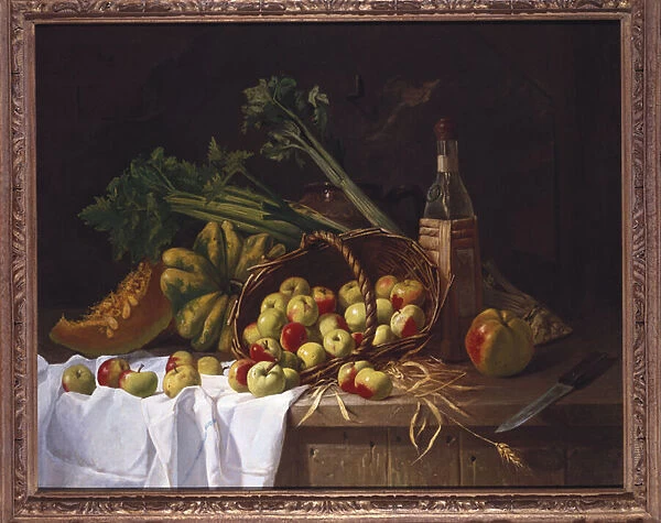 Still Life with a Bottle of Wine, Rhubarb and an upturned Basket of Apples on a Table
