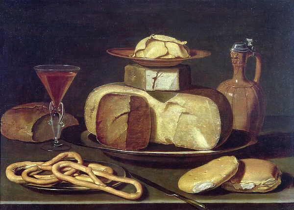 Still Life with bread, cheese, wine and pretzels (oil on canvas)