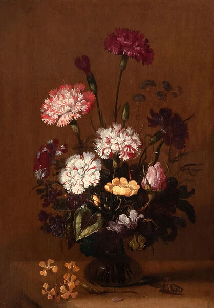 A Still Life of Carnations, Rosesand Cyclamen in a Glass Vase on a Stone Ledgewith a Grasshopper, 1640 (oil on panel)