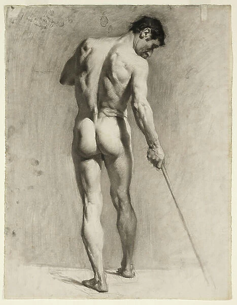 Life drawing of a male nude with a cane, c. 1910-12 (chalk on paper)