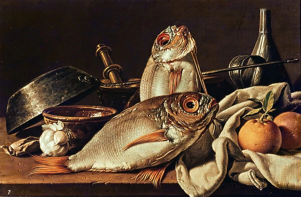Still Life of fishes, oranges and garlic (oil on panel)