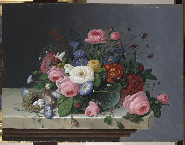 Still Life with Flowers and Birds Nest, after 1860 (oil on panel)