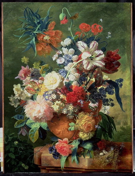 Still Life of Flowers and a Birds Nest on a Pedestal (oil on panel)