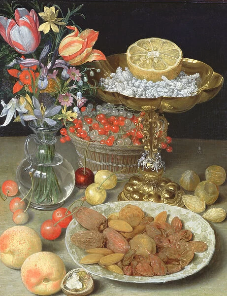 Still life with flowers and dessert