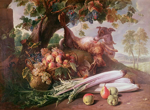 Still Life of Flowers, Game and Fruits (oil on canvas)