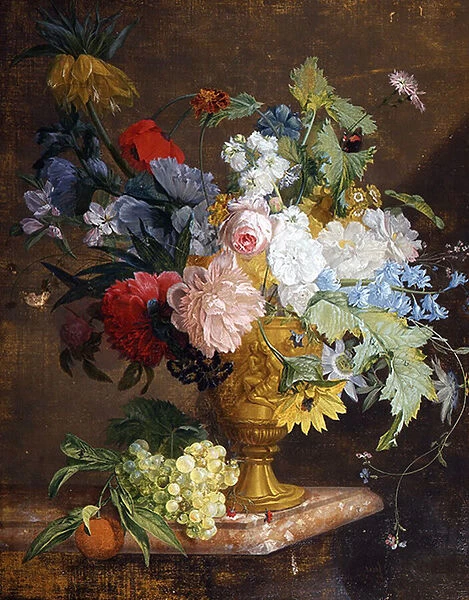 Still Life of Flowers in a Golden Vase on a Marble Ledge (oil on canvas)